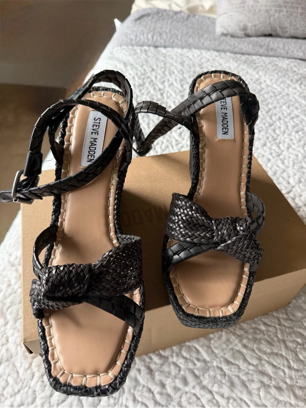 Steve Madden Black Woven Knot Front Ankle-Strap Wedges